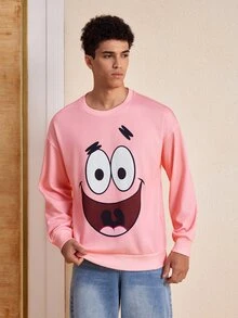 SpongeBob SquarePants | SHEIN Men's Cartoon Pattern Print Crew Neck Pullover Sweatshirt - Pink - View 3