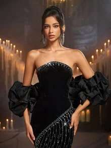 Glamrae Elegant Black Velvet Bandeau (Detachable Two Pieces Set) Contrast Color Exaggerated 3D Pleats Train Flounce Heavy Embellishment Evening Gown - Black - View 5