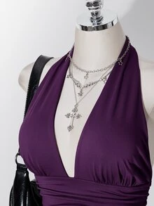 SHEIN ICON 大尺碼掛脖深V領收腰A字露背波點背心上衣，復古Y2K掛脖波點背心上衣，娃娃裝波點掛脖露背上衣 - 紫色 - 查看 6