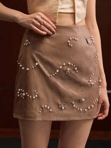 MOTF PREMIUM WOMEN'S AUTUMN/WINTER LEATHER EMBROIDERED SKIRT WITH POSITIONED JEWELRY EMBROIDERY SHORT SKIRT - Apricot - View 4