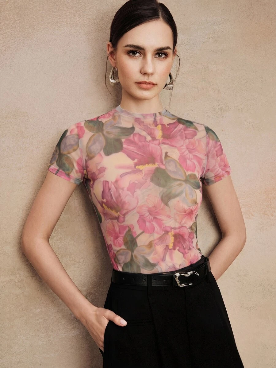 Anewsta Essential Spring Summer New Elegant Fashion Casual Outdoor Professional Holiday Date Vacation Print Elastic Mesh Women Blouse - Pink - View 1