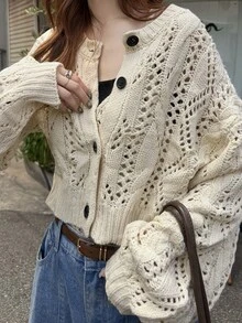 FRIFUL Setelan Sweater Wanita 2 Potong dengan Desain Berongga dan Kancing Satu Baris, Cocok untuk Kencan, Liburan, Pesta, Brunch, Warna Putih Krem untuk Musim Gugur dan Musim Dingin - Khaki - View 1