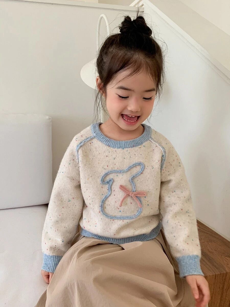 DAZY Baby Girl Contrast Trim Cute Bow Decor Round Neck Long Sleeve Sweater - Apricot - View 1