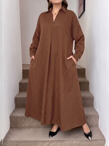 Easowa Curve Women Plus Size Loose Casual Daily Drop Shoulder Lantern Sleeve Striped Long Shirt Dress Fall - Rust Brown - View 6