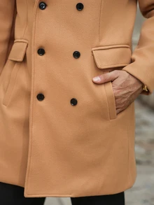 Manfinity Mode Men's Solid Color, Button-Down, Long-Sleeved Black Overcoat, Autumn/Winter Style. - Khaki - View 7