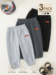 SHEIN 3件組幼童男孩休閒慢跑運動長褲 英倫風 黑色 灰色 炭灰色 鬆緊腰 束口拼接 錐形褲管 常規版 戶外 冬季 秋季 聖誕 運動款 - 彩色 - 查看 1