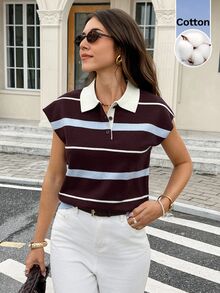 Serisse Áo dệt kim cổ bẻ cài nút phối màu kẻ sọc - Nhiều màu - Xem 1