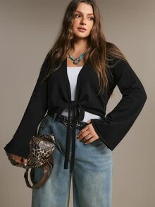 Freevana Black Tie-Front Wrap Top With Bell Sleeves, Cropped Open Cardigan, Boho Chic Layering Piece Winter - Black - View 5