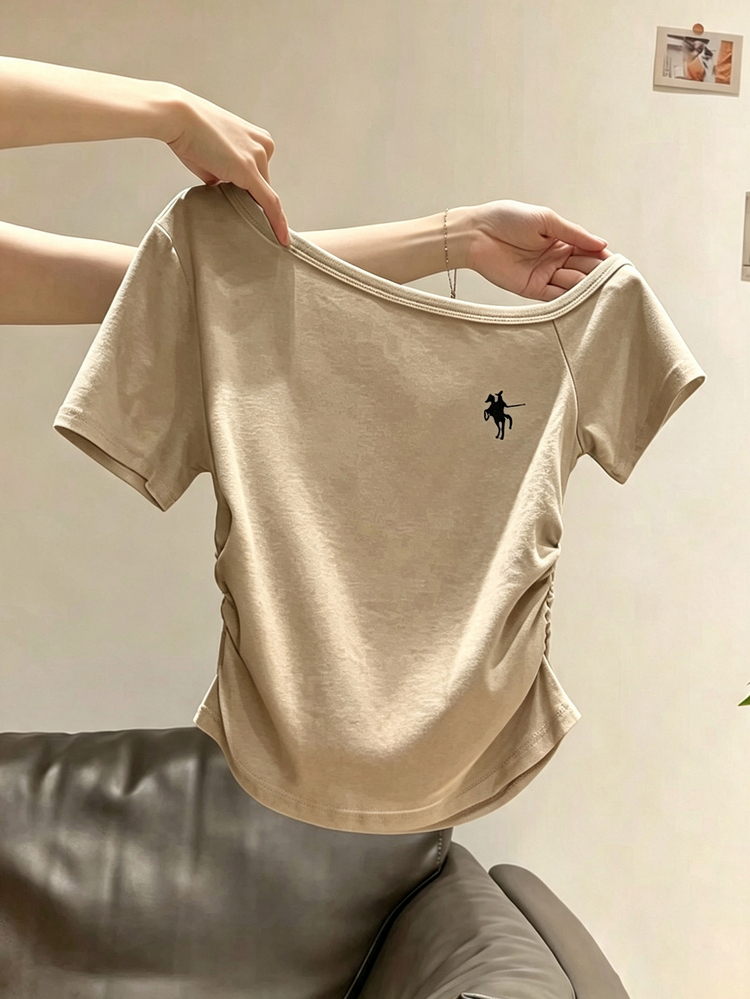 INAWLY Women's Asymmetrical Collar Embroidered Chest Ruched Waist Short T-Shirt - Khaki - View 1