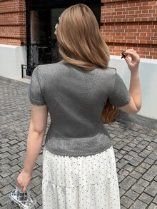 Bijouette Zanying Summer Plus Size Black And White Casual Elegant Sexy 2 In 1 Top Contrast Color Frill Trim Patchwork Polka Dot Inner Design Birthday - Grey - View 3