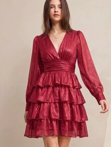BELROSIE 法式風格V領甜美碎花度假短款層次雪紡長袖蛋糕裙女款迷你洋裝 - 深紅色 - 查看 5