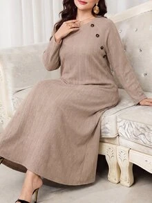 Veilorie Plus Size Women Solid Color Casual Daily Long Sleeve Sweatshirt - Khaki - View 5
