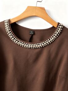 GlowEve CURVE Plus Size Vintage Fashion Faux Pearl Decor Shirt - Brown - View 3