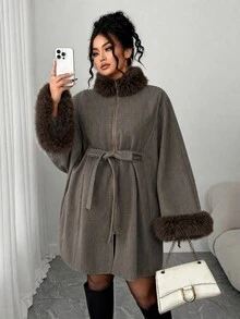 Modelyn Plus Size Vintage Faux Fur Collar Zipper Tie Coat For Vacation - Coffee Brown - View 5
