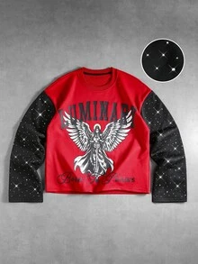 ROMWE MEN Men's Autumn/Winter Printed Patchwork Rhinestone T-Shirt - Red - View 5