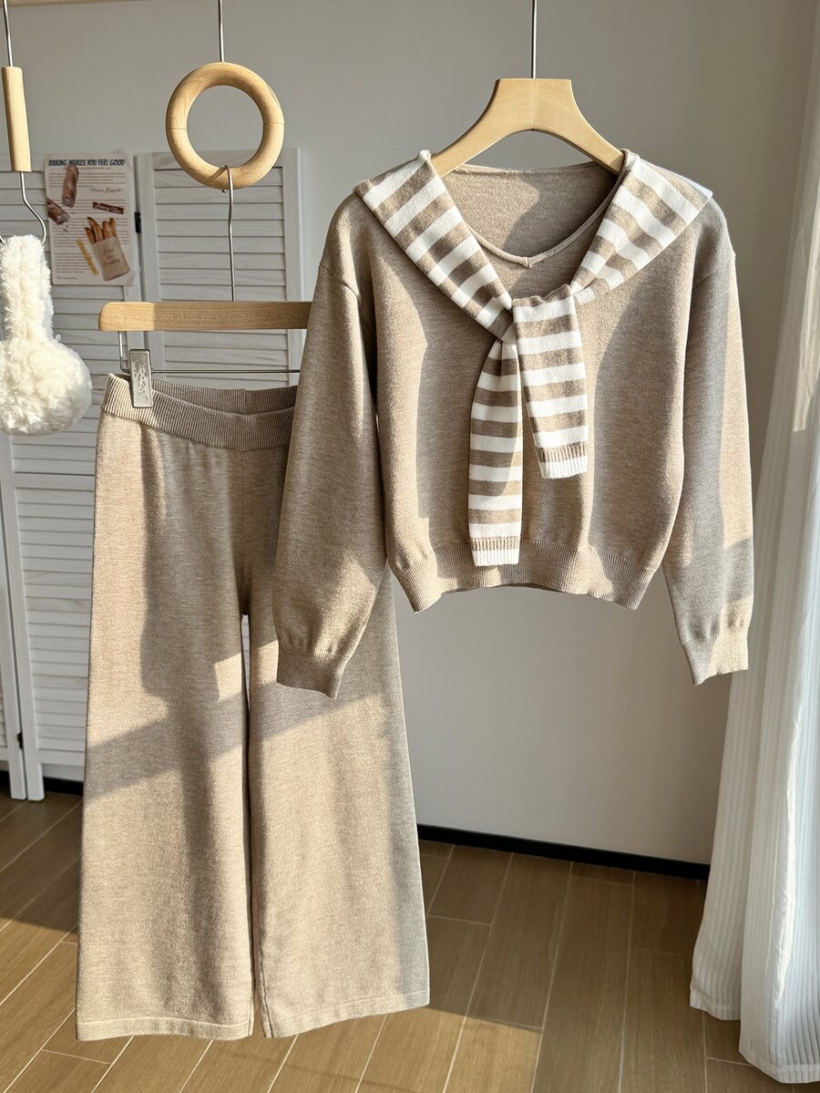 Girls' Autumn/Winter Fashion Pattern Jacquard Knit Sweater Long Sleeve Pullover & Long Pants Set - Camel - View 1