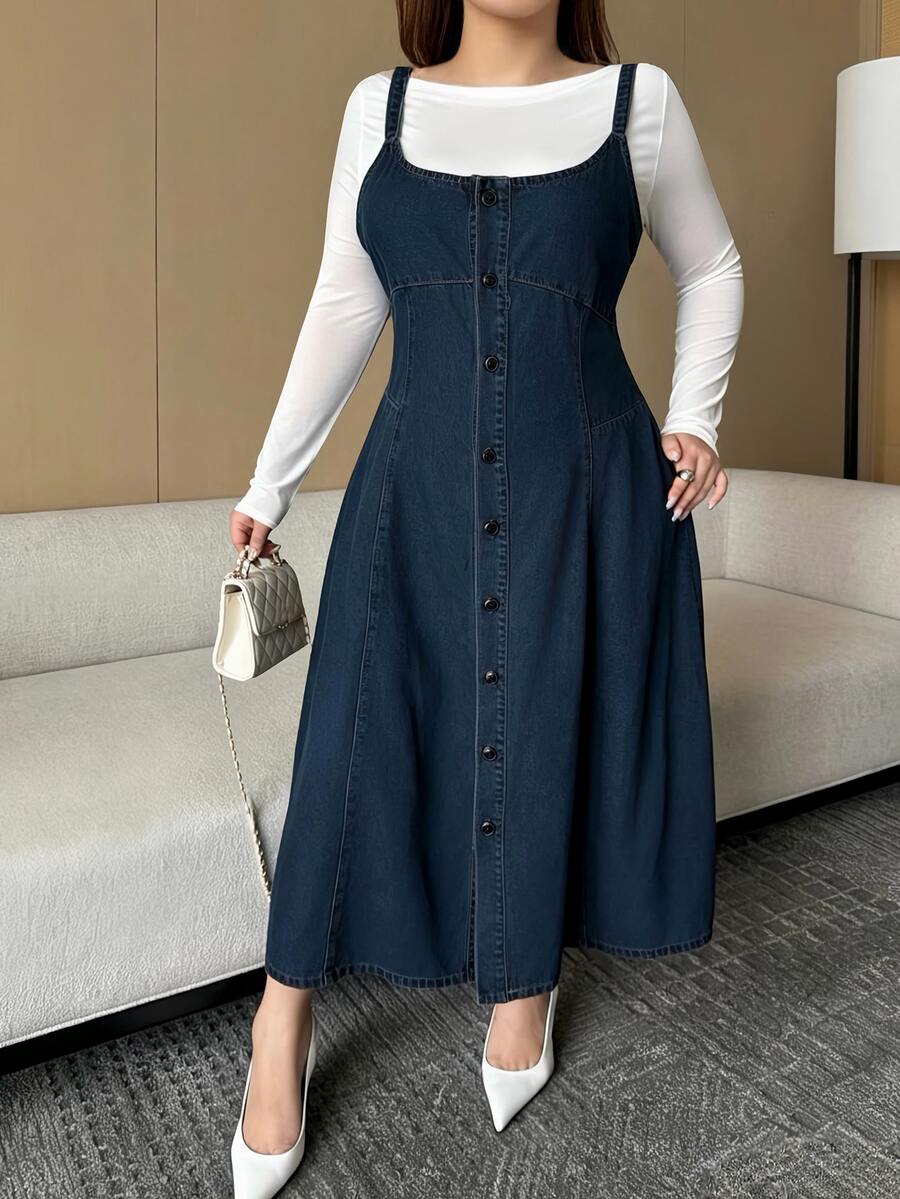 Dazy Plus Washed Vintage Denim Casual Layering Fitted Spaghetti Strap Denim Dress Spring/Autumn New - Dark Wash - View 1