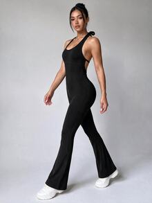 Slayform Slayform Jumpsuit Olahraga Wanita Bergaris Elastis Tinggi Warna Hitam Polos Model Halter Neck Tanpa Punggung untuk Yoga dan Pilates - Hitam - View 8