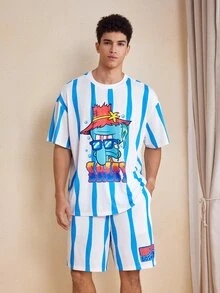 SpongeBob SquarePants | SHEIN Men's Cartoon Print Short Sleeve Top And Shorts Casual Daily Home Wear Set - Blue and White - View 4
