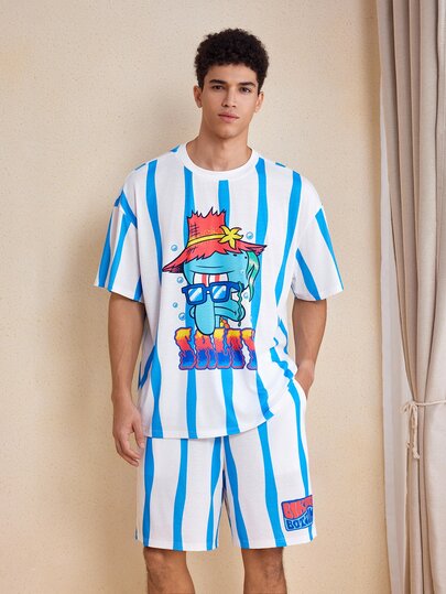 SpongeBob SquarePants | SHEIN Men's Cartoon Print Short Sleeve Top And Shorts Casual Daily Home Wear Set