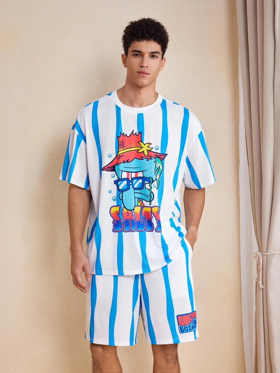 SpongeBob SquarePants | SHEIN Set Pakaian Rumah Kasual Harian Pria Motif Kartun Lengan Pendek dan Celana Pendek - Blue and White - View 1