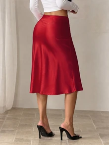 SHEIN PETITE 黑色高腰純色緞面質感裙，適合舞蹈與日常穿著 - 紅色 - 查看 2