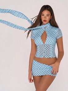 SHEIN ICON 波點網格印花鏤空前開襟上衣與緊身迷你裙女款兩件套 - 淺藍色 - 查看 6