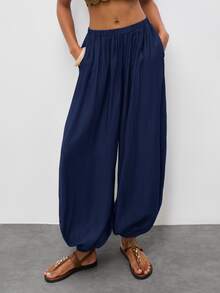 Maija Women's Solid Color Pleated Casual Boho Versatile Daily Lantern Long Pants Vacation Navy Blue - Navy Blue - View 3