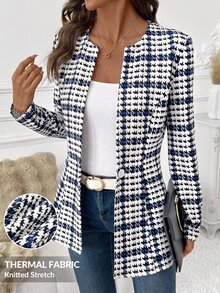 SHEIN Clasi Waist-Cinching Printed Colorblock Button Long Sleeve Blazer Jacket - Blue and White - View 1