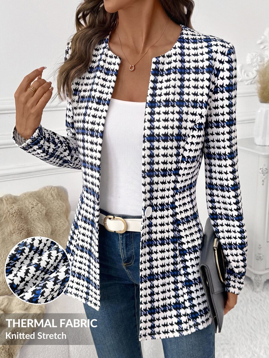SHEIN Clasi Waist-Cinching Printed Colorblock Button Long Sleeve Blazer Jacket - Blue and White - View 1