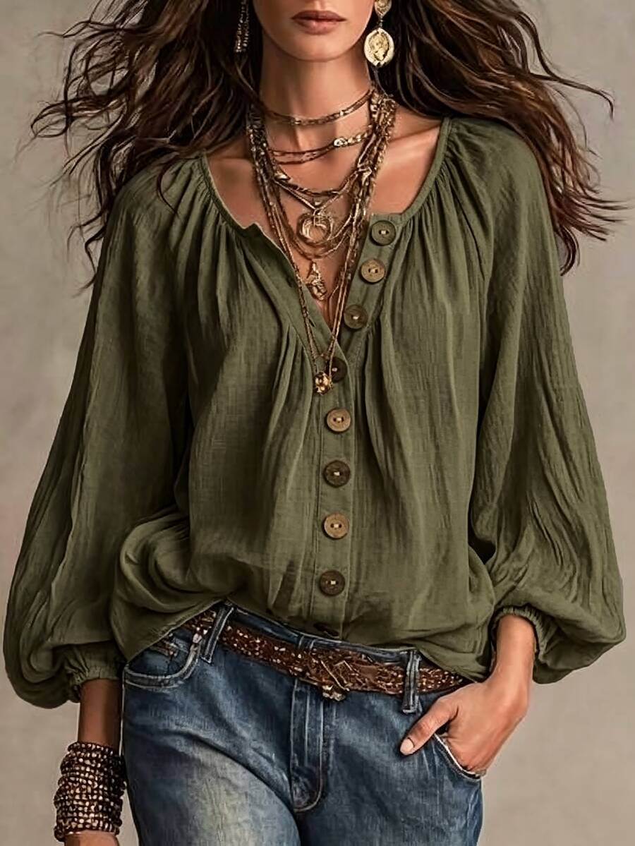 SHEIN 度假穿搭新款V領羅根袖寬鬆鈕扣裝飾休閒泡泡長袖女式襯衫,適合女性鄉村風服飾、夏季穿搭、六月節慶女裝 - 軍綠色 - 查看 1