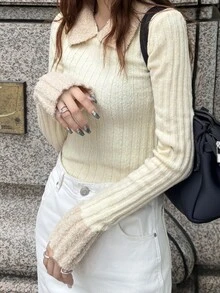FRIFUL Women's Cream Casual French Cute Everyday Long-Sleeved Sweater Everyday Fall Brunch Date Work Winter - Apricot - View 6