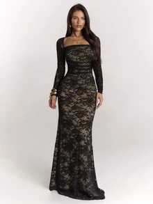 SHEIN BAE Women's Square Neck Lace Top And Lace Long Skirt Elegant Set - Black - View 1