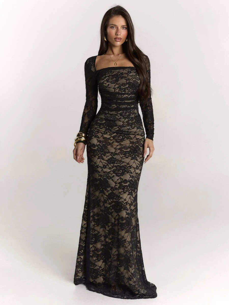 SHEIN BAE Women's Square Neck Lace Top And Lace Long Skirt Elegant Set - Black - View 1