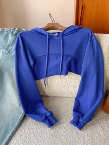 SHEIN EZwear 抽繩設計超短版連帽衛衣－黑白配色，秋冬長袖上衣 - 寶藍色 - 查看 7