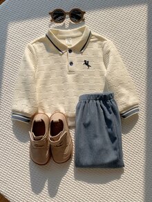 SHEIN 男嬰騎士圖案長袖 Polo 衫與長褲休閒日常套裝 - 彩色 - 查看 4
