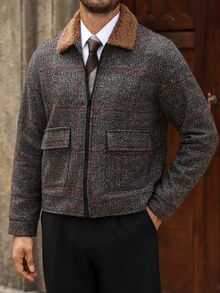 Manfinity Homme 男士成熟休閒格紋短夾克，假期禮物首選 - 棕色 - 查看 1