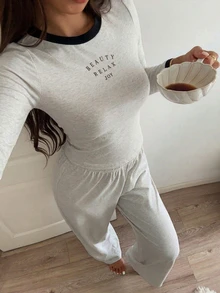 Livesso Conjunto de 2 piezas estilo casual con ribete en contraste y estampado de letras, camiseta slim fit de manga corta y larga & pantalones de pijama rectos largos, atuendo de verano para mujer ropa de dormir - Gris Claro - Ver 5