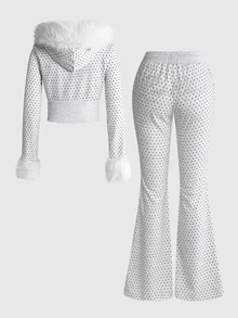ROMWE Autumn/Winter Y2K Hot Girl Velvet Rhinestone Sweatshirt Women Two Pieces Set - Grey - View 2