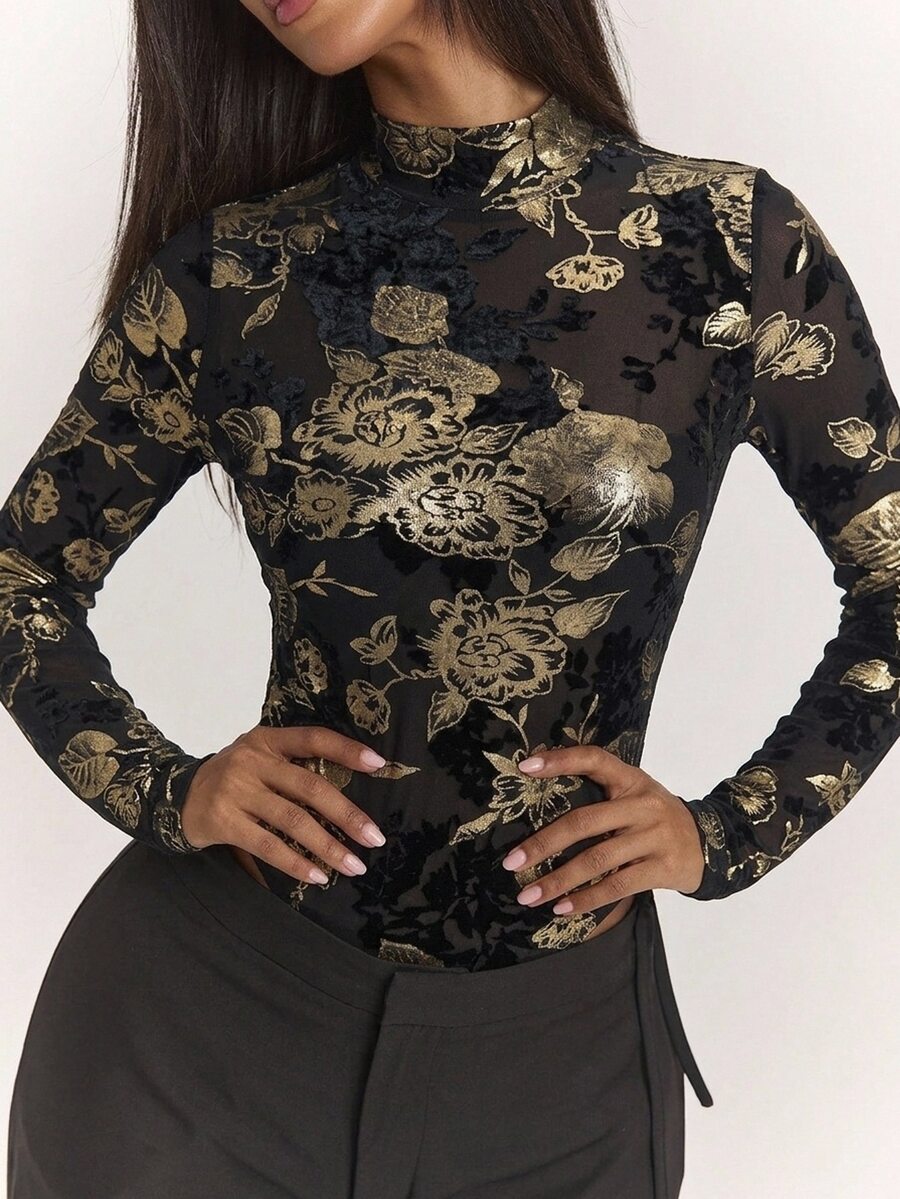 SHEIN BAE Autumn/Winter Solid Color Long Sleeve Gold Thread Rose Flocked Bodysuit Innerwear For Women - Black - View 1