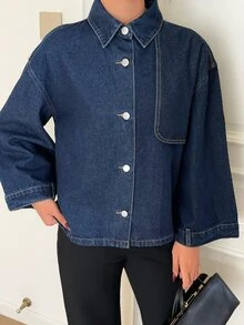 Siren Gaze Jaket Denim Longgar Wanita dengan Hiasan Gesper Logam - Putih - View 5