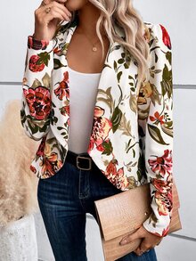 SHEIN LUNE Floral Print Shawl Collar Open Front Blazer In Fall/Winter,Casual - Apricot - View 5
