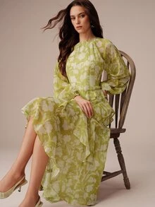 BELROSIE Women's Chiffon A-Line Dress With Side Multi-Layer Ruffle Trim, Asymmetrical High-Low Hemline, Lantern Sleeve Cuffs, Elegant Garden Tea Party Wedding - Multicolor - View 1
