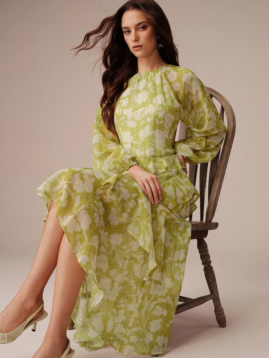 BELROSIE Women's Chiffon A-Line Dress With Side Multi-Layer Ruffle Trim, Asymmetrical High-Low Hemline, Lantern Sleeve Cuffs, Elegant Garden Tea Party Wedding - Multicolor - View 1