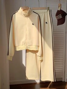 Comfortcana Women's Streetwear Embroidered Zip-Up Jacket & Striped Colorblock Pants 2pcs Set - Light Yellow - View 4