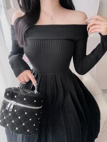 FRIFUL Women's Elegant Ribbed Pleated Off-Shoulder Sweater Dress - Black - View 1