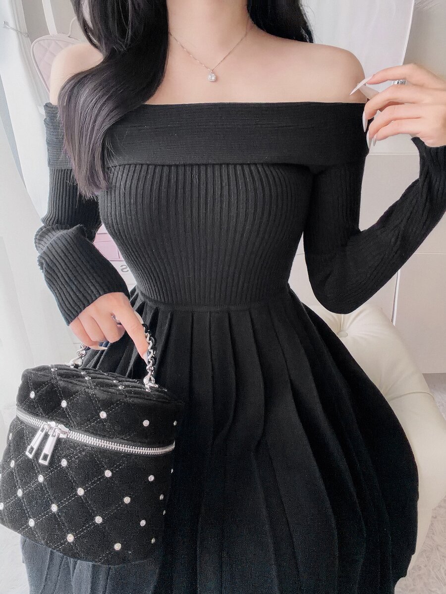 FRIFUL Women's Elegant Ribbed Pleated Off-Shoulder Sweater Dress - Black - View 1