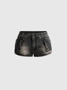 ROMWE Grunge Punk Y2K Millennium Hot Girl Skull Embroidery Cross Rivet Ultra Low Waist Women's Denim Shorts - Black - View 1
