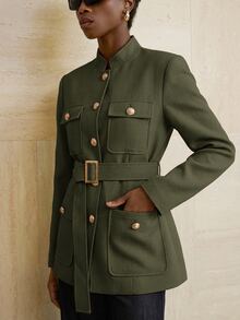 Aveloria Modichic Small Stand Collar Tweed Single-Breasted Metal Button Decor Belted Utility Jacket - Green - View 6