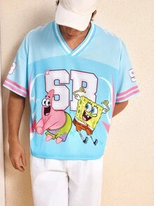 SpongeBob SquarePants | SHEIN Men's Cartoon Graphic Casual Daily Wear T-Shirt - Sky Blue - View 5